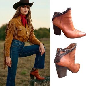 A.S. 98 Ankle Boots Western Studded Leather Brown Block Heel Pointed Toe Cognac